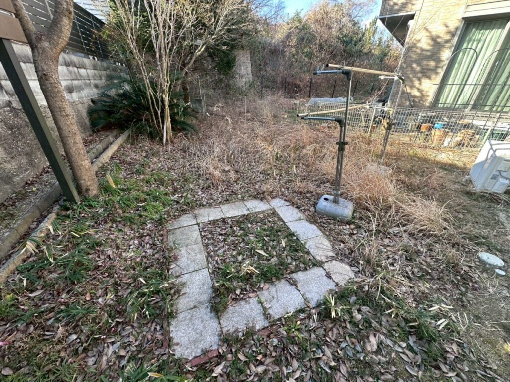 敷地全体に雑草や枯れ草が生い茂り、人が立ち入れなくなっている施工前の主庭の全景写真