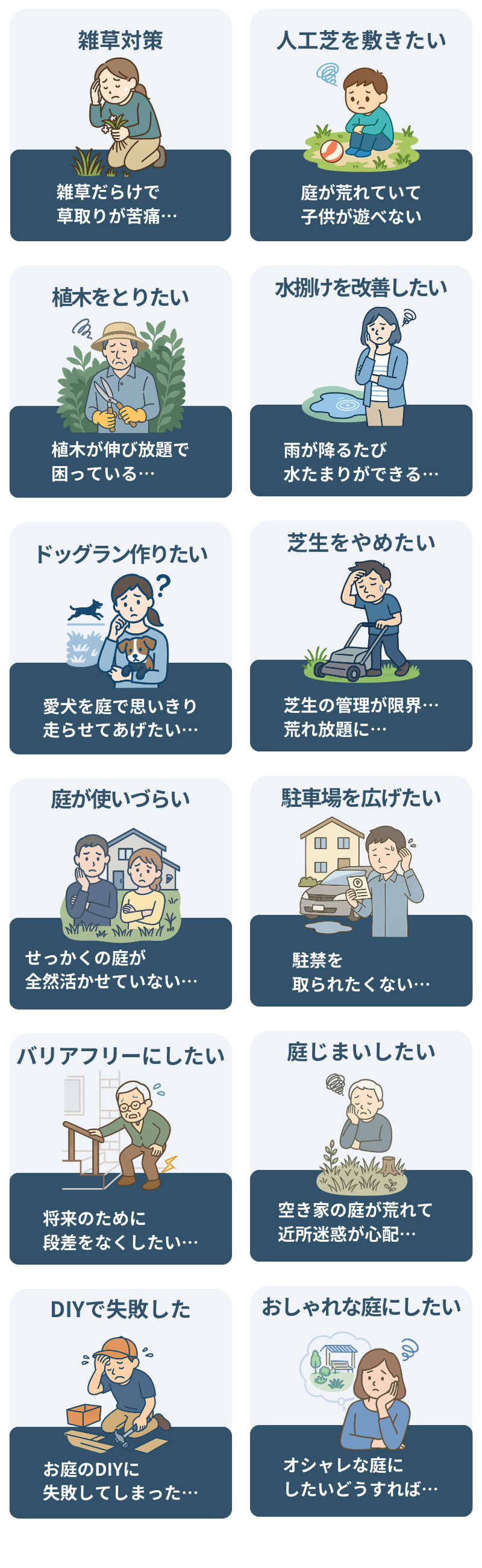 庭の悩み一覧:庭のリフォーム、外構工事、エクステリア工事、雑草対策、人工芝の施工、ドッグランの設置、植木の剪定、芝生の撤去、水はけの改善、駐車場の拡張、バリアフリー化、DIYの失敗、庭じまい、庭のデザイン、使いづらい庭の改善、フェンスの設置など