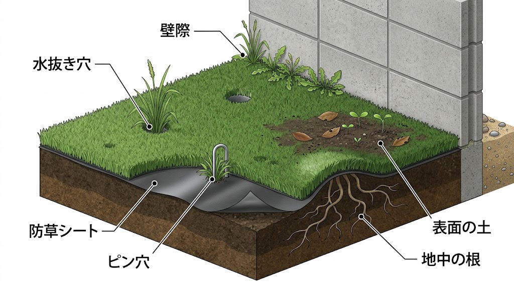 人工芝から雑草が生える5つの原因（水抜き穴、壁際、ピン穴、表面の土、地中の根）を1枚にまとめた立体断面図
