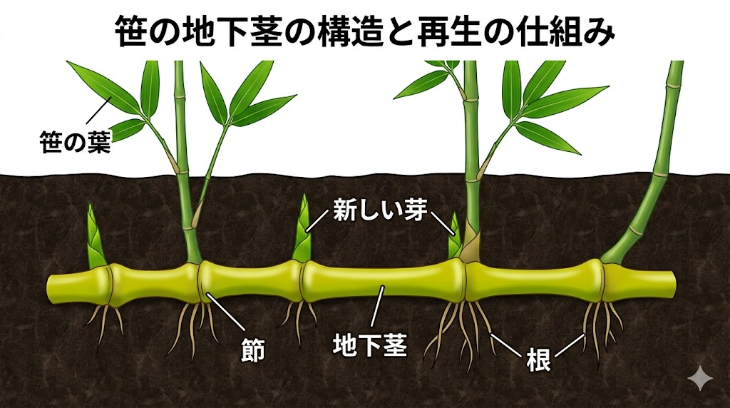 庭の笹が地上部と地下茎でつながっている図解