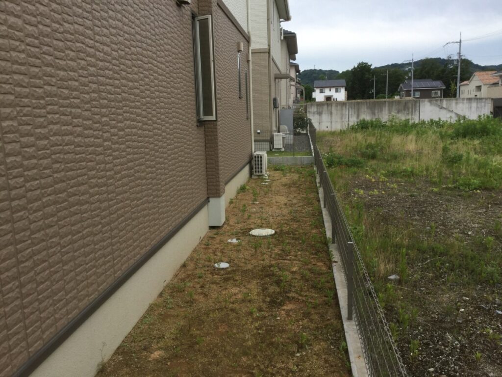 基礎周辺まで雑草が伸びている施工前の様子