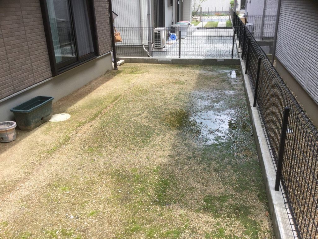 雨上がりに水たまりができていた施工前の庭