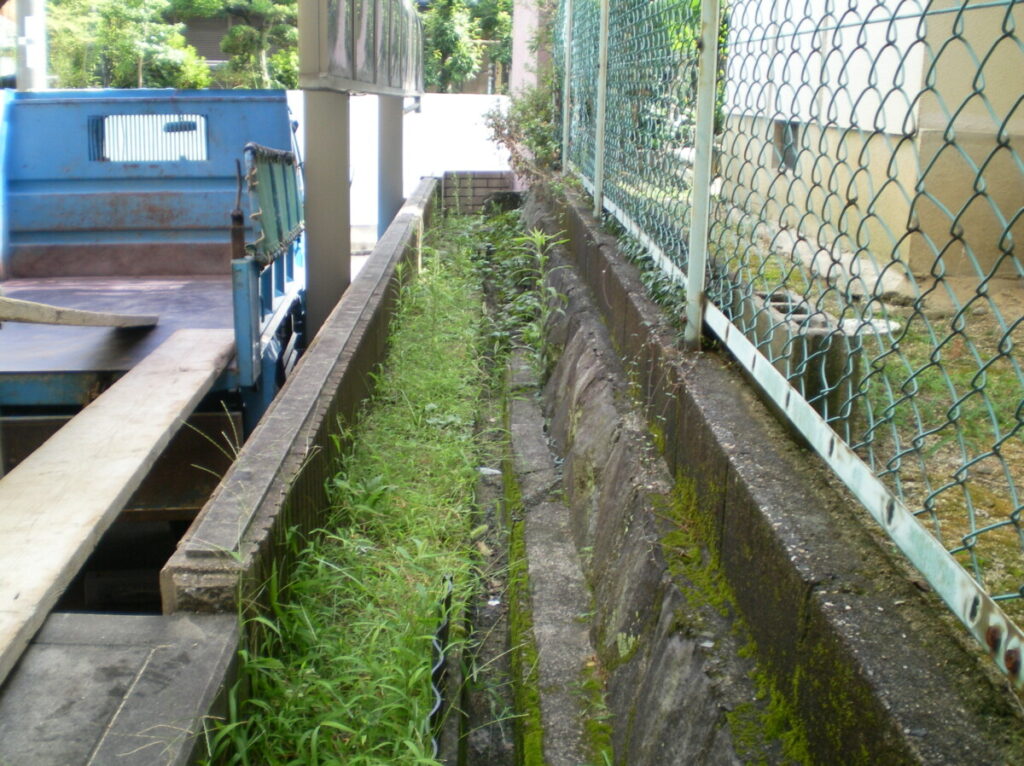 狭くて草引きが大変な家の周りの通路