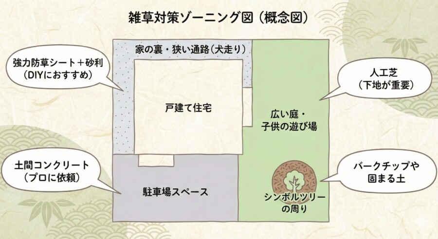 庭の雑草対策ゾーニング例。駐車場はコンクリート、犬走りは防草シートと砂利、庭は人工芝など、場所別の推奨素材を示した配置図。
