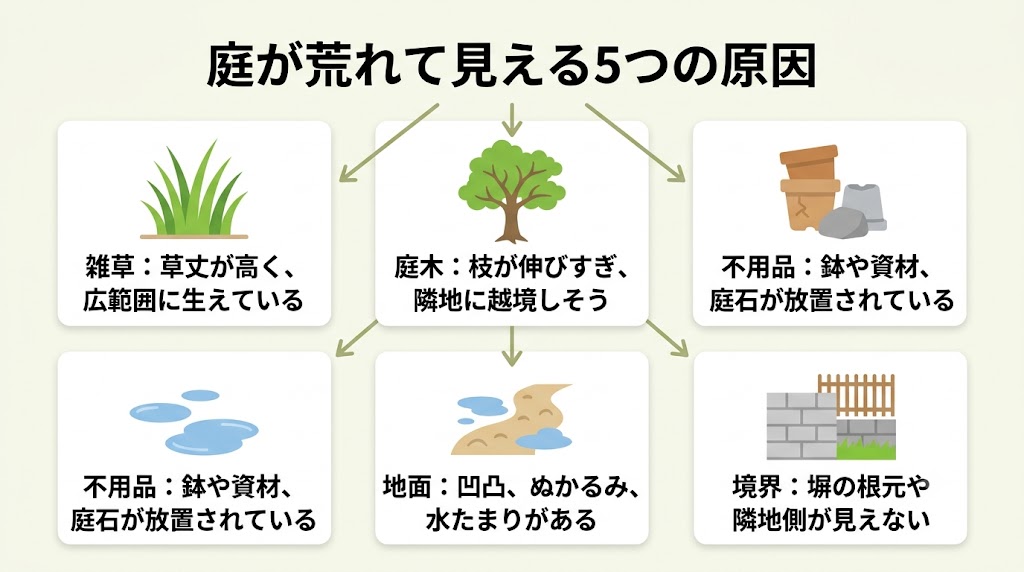 荒れた庭の原因を雑草、庭木、不用品、地面、境界に分けた図解