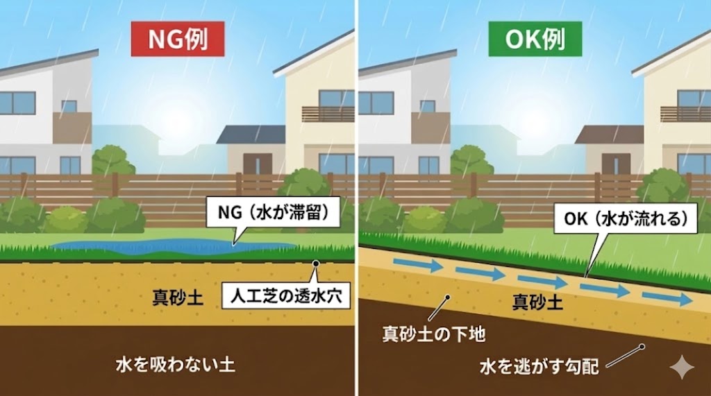 人工芝の表面に水が溜まるNG例と、人工芝のすぐ下の真砂土の層に沿って水が勾配で流れるOK例の断面比較図