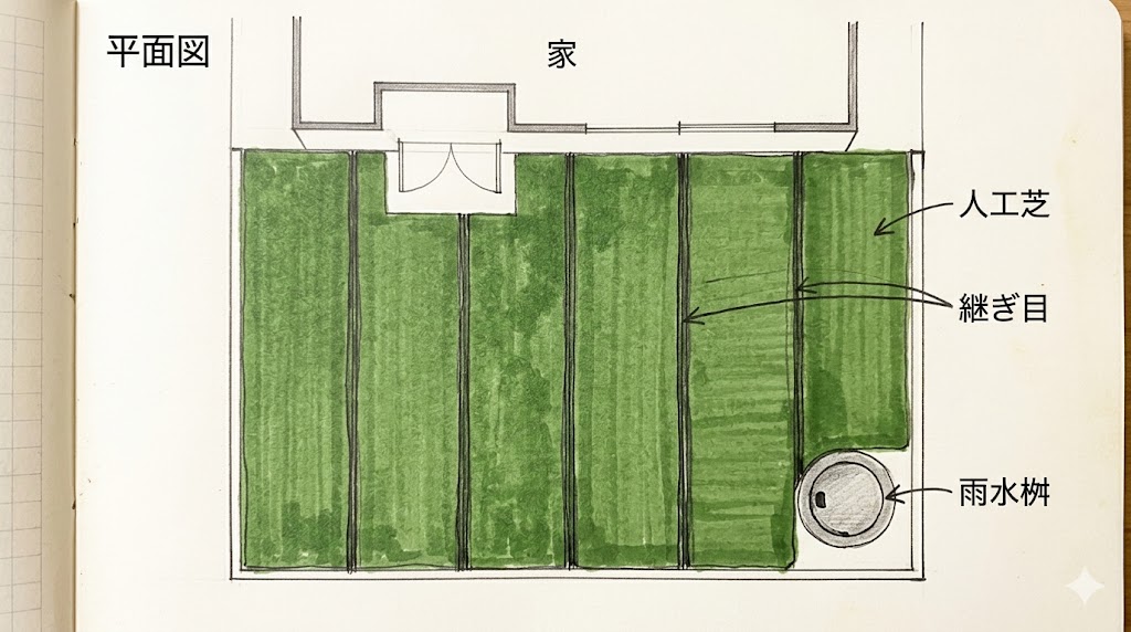 人工芝の割付（配置計画）のシンプルな概念平面図。庭に対してロールをどう並べるかと、障害物を避けるイメージを示した図