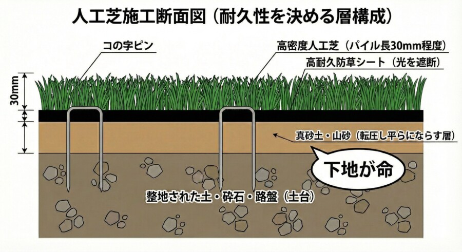失敗しない人工芝の施工断面図。下地転圧、防草シート、高品質人工芝の4層構造