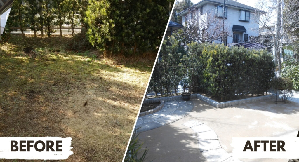 庭に雑草が生えないように固まる土にしたビフォーアフター画像