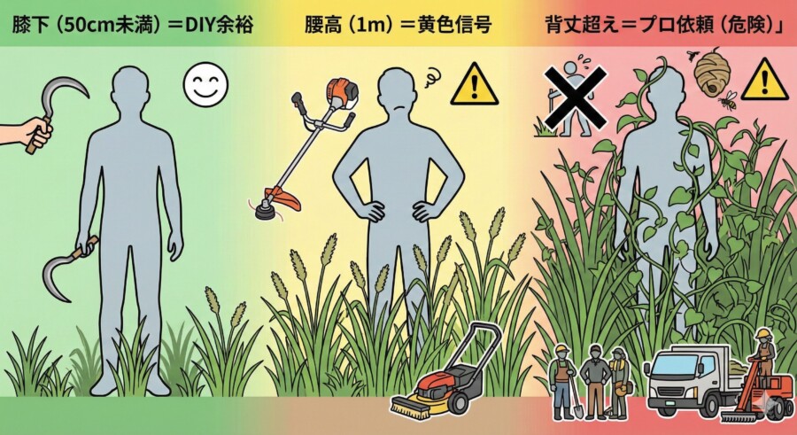 雑草の高さによるDIYと業者依頼の判断基準図解