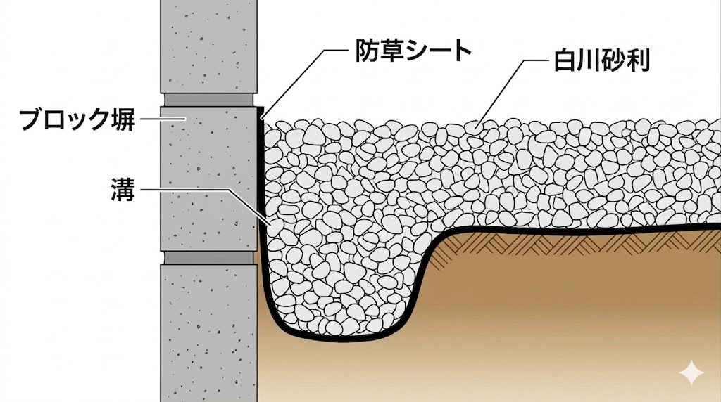 ブロック塀際で防草シートを立ち上げて笹の再発を抑える図解