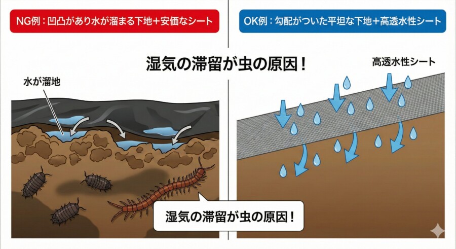 防草シートの下に虫が湧く原因と水はけ改善による対策の比較図解