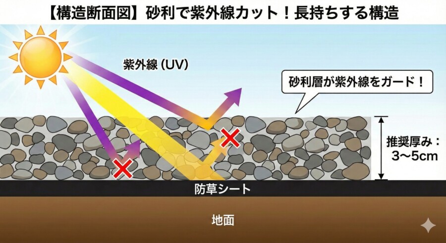  防草シートの上に砂利を敷いた際の紫外線カット構造と推奨される厚みの断面図