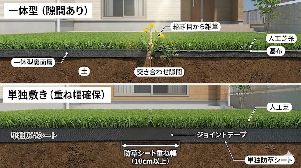 防草シート一体型人工芝の継ぎ目から雑草が生える弱点と、単独防草シートを10cm重ねて敷いた場合の防草効果の比較図