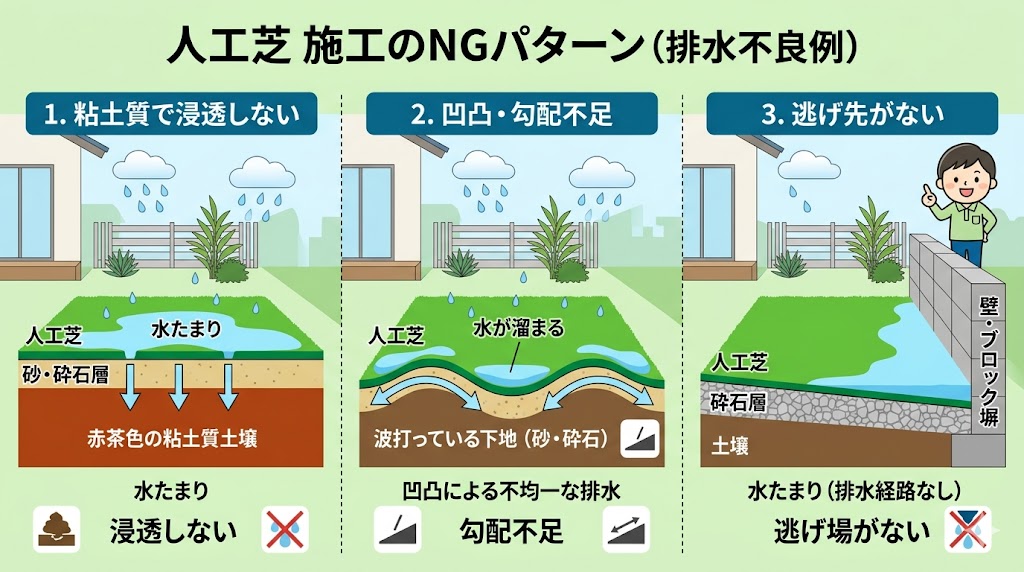 人工芝の水はけが悪くなる3つの原因である、粘土質で水が浸透しない状態、勾配不足で水が溜まる状態、水の出口がなく端に水が溜まる状態の比較図