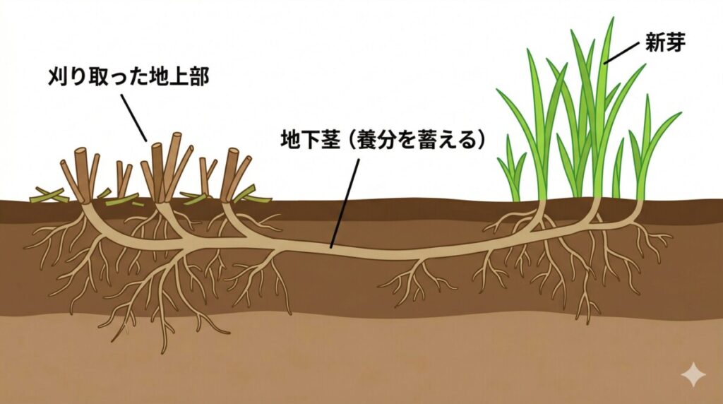 地上部を草刈りされても地中に長く伸びた地下茎に養分を蓄え、離れた場所から再び新芽を出すチガヤの生態を表した断面図