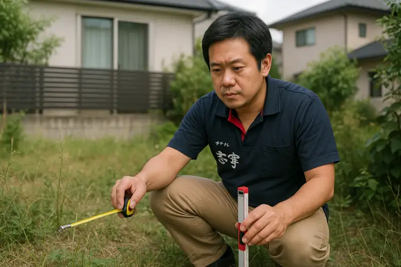 職人が庭の寸法と地面の傾きを確認している現地調査の様子