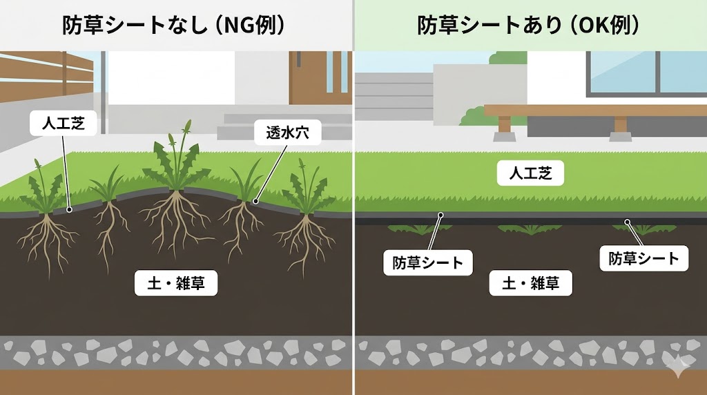 人工芝の透水穴から雑草が突き抜ける様子と、下に防草シートを敷くことで光と根を遮断する構造を対比した地中の断面図