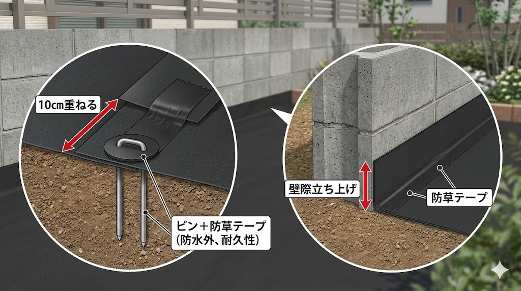 防草シート同士を10cm以上重ねてピンで留める構造と、ブロック塀の壁際でシートを立ち上げて処理する詳細図