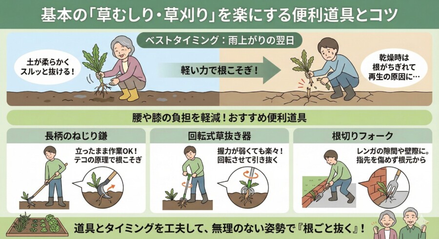 基本の「草むしり・草刈り」を楽にする便利道具とコツの図解