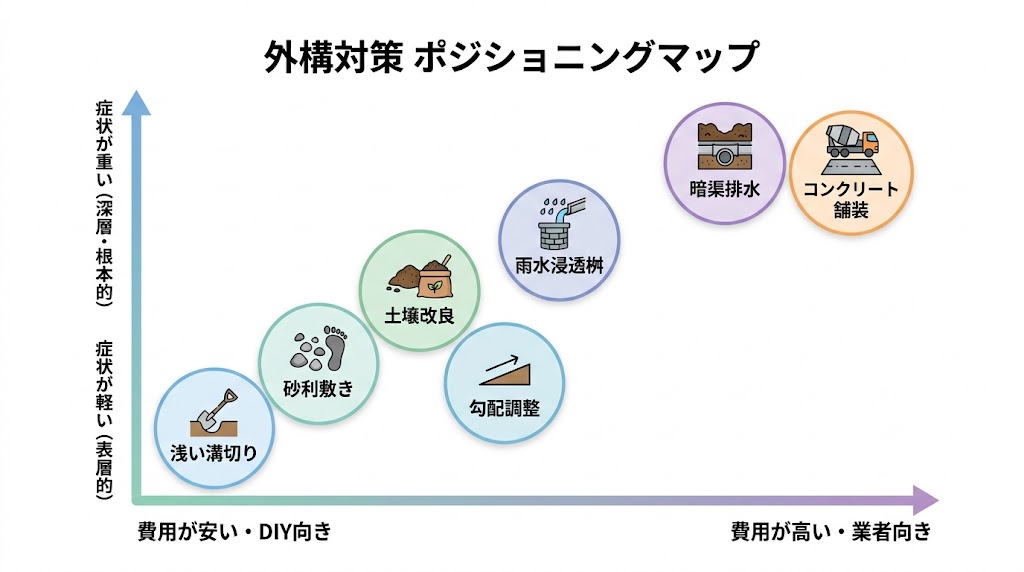 縦軸に水はけ症状の重さ、横軸に費用・施工規模を配置した水はけ対策の比較マトリクス図