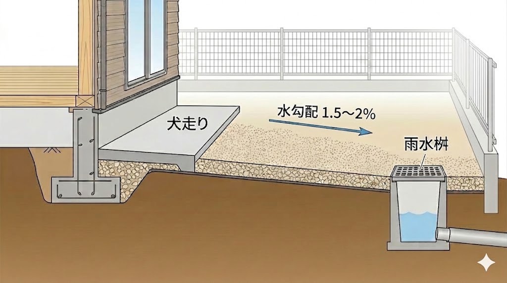 建物基礎側を高く、庭先や雨水桝に向かって地表面に1.5〜2%の傾斜(水勾配)をつけ、雨水が自然に流れ落ちていく構造を示した排水計画の断面図。