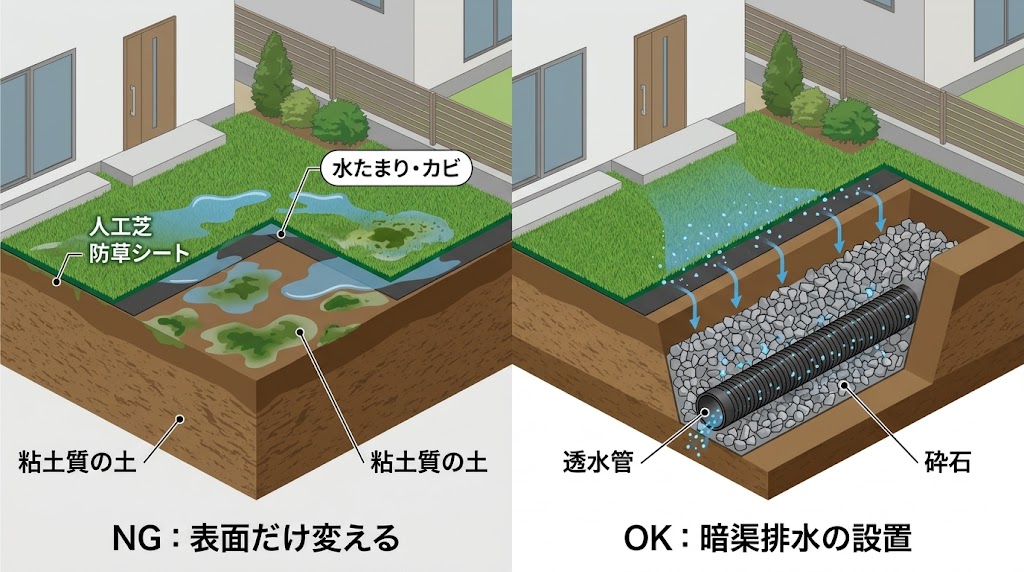 水はけの悪い庭で表面の素材だけを変えて水が滞留しているNG例と、地中に暗渠排水管と砕石を埋設して水勾配を確保したOK例を比較した地中の立体断面図。