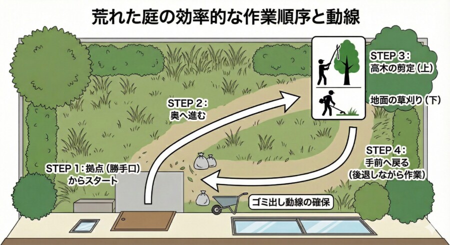 荒れた庭を効率的に片付ける作業順序と動線の図解