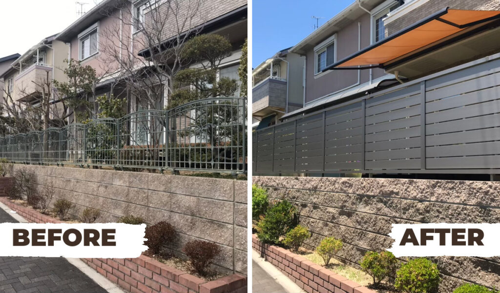 香芝市の庭リフォーム。既存のブロック塀に目隠しフェンスを後付けした施工前と施工後の比較