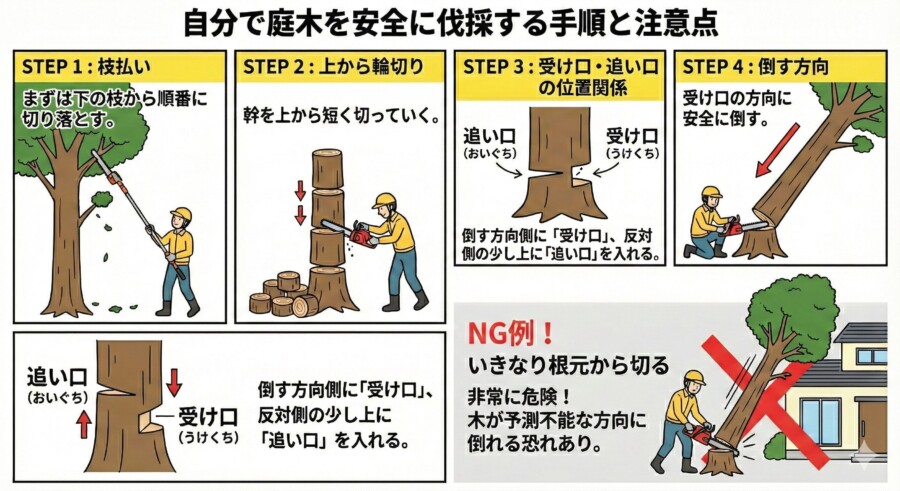 庭木を安全に小さく伐採する手順と受け口・追い口の位置