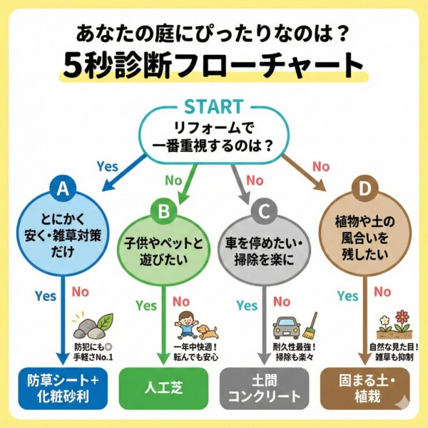 庭の活用目的別リフォーム診断フローチャート（予算重視、子供の遊び場、駐車場、ガーデニング）
