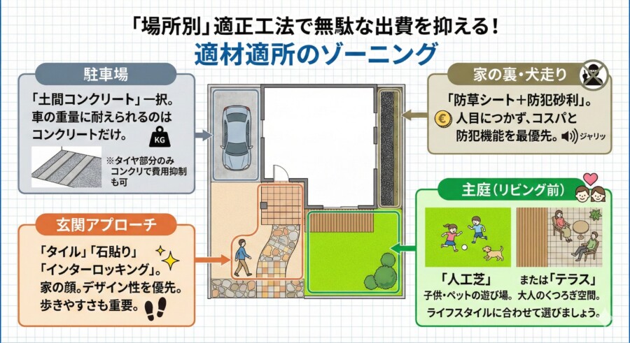 駐車場・アプローチ・主庭など「場所別」の適正工法の図解