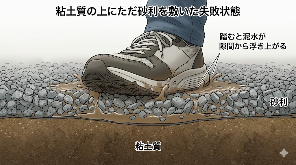 粘土質の土の上に砂利を敷いた庭で、靴で踏む圧力により砂利の隙間から泥水がジワッと浮き上がってくるメカニズムを示す断面図