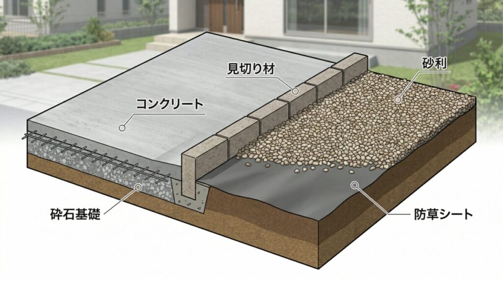 砂利とコンクリート駐車場の境界部分の立体断面図。地中に固定された見切り材（ピンコロ石）が物理的な壁となり、砂利がコンクリート側へ散乱するのを防いでいる構造がわかりやすく描かれている。