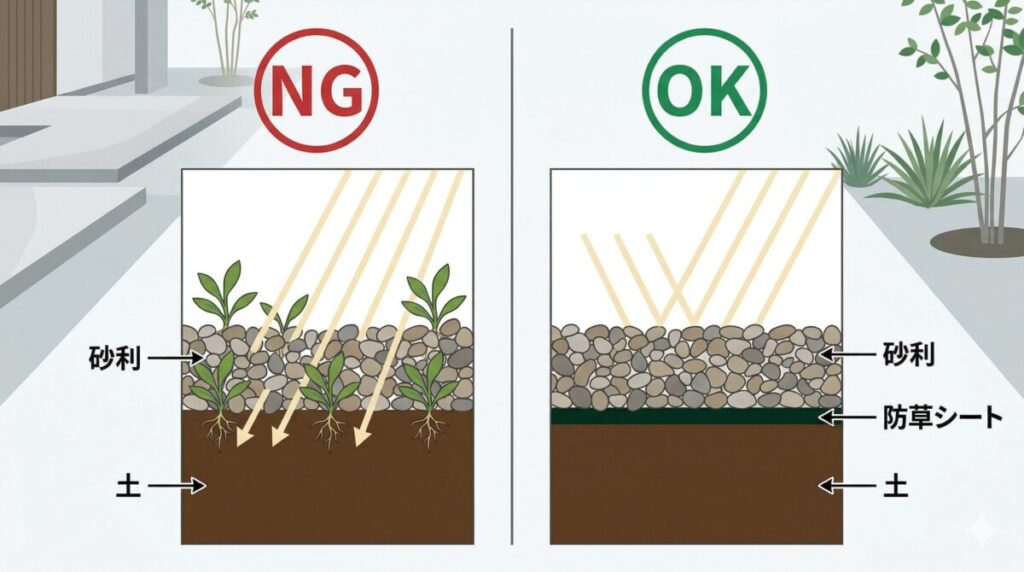 土の上に直接砂利を敷いて隙間から雑草が生えてしまったNG例と、防草シートの上に砂利を敷いて雑草を完全に防いでいるOK例を並べた比較断面図。