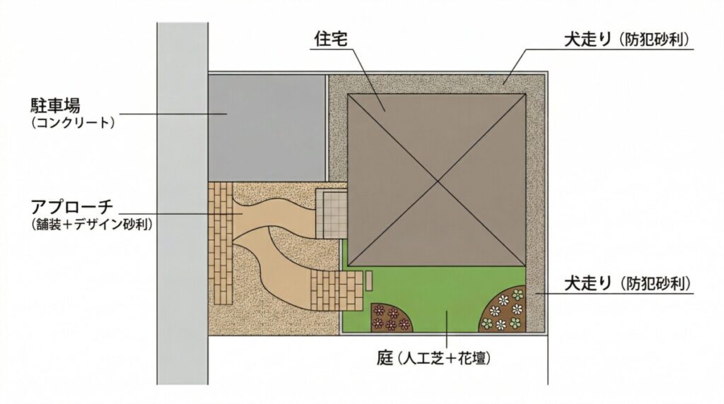 日本の一般的な戸建て住宅を真上から見た敷地平面図。駐車スペースはコンクリート、アプローチ側はデザイン砂利、犬走りは防犯砂利、主庭は人工芝というように、適材適所の素材配置（ゾーニング）が色分けで分かりやすく示されている。