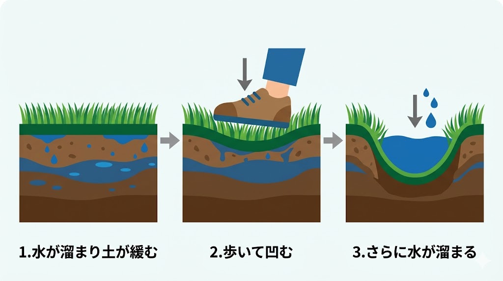 水たまりで土が柔らかくなり、踏まれて凹みができ、さらに水が溜まるようになる悪循環のステップ図