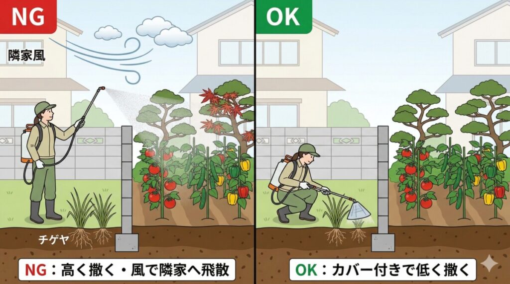 風のある日に高い位置から除草剤を撒き、霧状の薬が境界のブロック塀を越えて隣の家の庭木を枯らしてしまうNG例と、カバー付きノズルで低く撒くOK例の比較