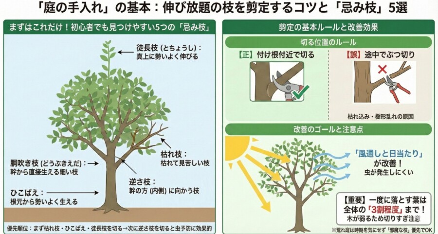 庭木の剪定で切るべき枝の種類と正しい切り位置の図解
