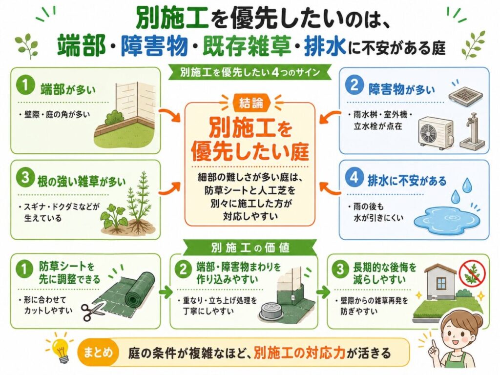 一体型人工芝に向く庭と別施工を優先したい庭の条件を比較した判断フロー