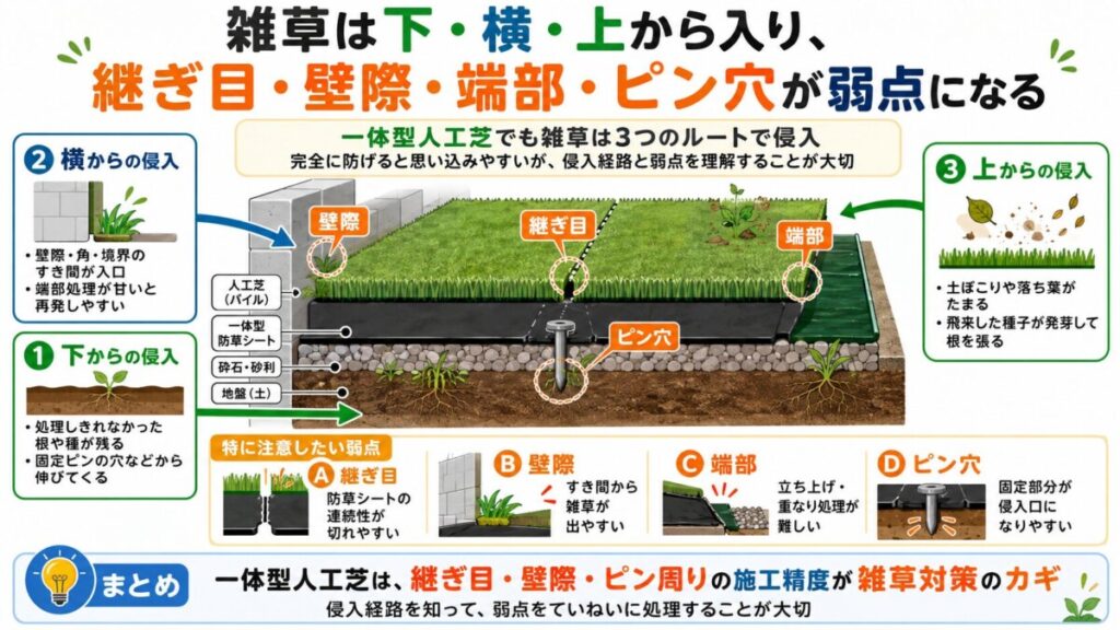 人工芝の下・横・上から雑草が侵入する経路と継ぎ目・壁際・固定ピン周辺の弱点