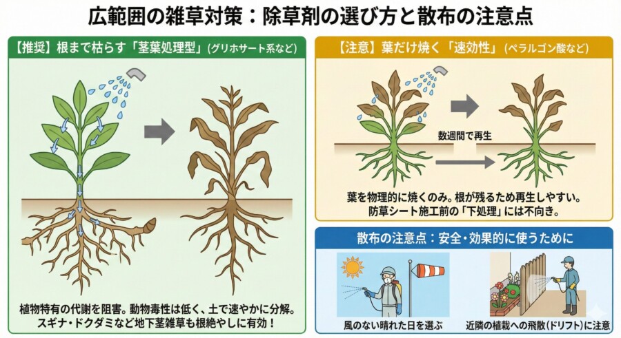 広範囲なら「除草剤」で一気に枯らす方法と散布の注意点の図解