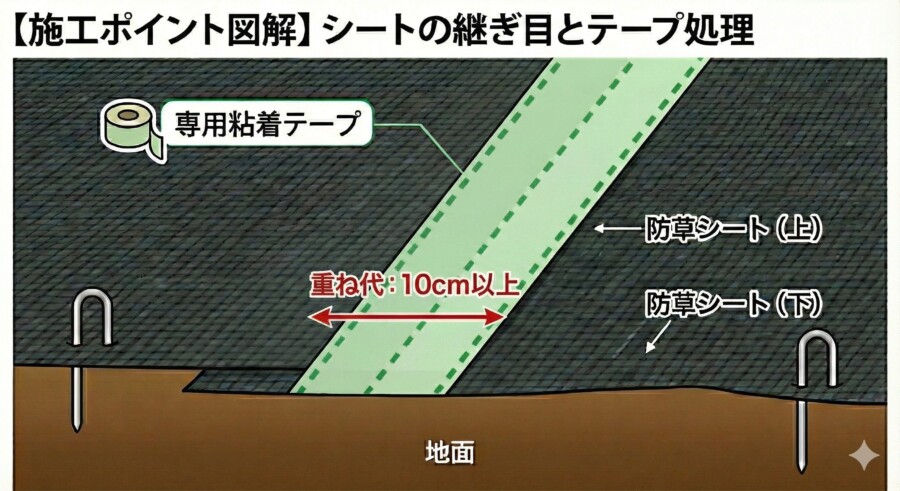 防草シートの継ぎ目を10cm以上重ねて専用粘着テープで固定する施工方法の図解
