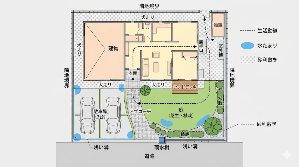 日常の生活動線と水たまりができやすい場所の位置関係を示した庭の概念平面図