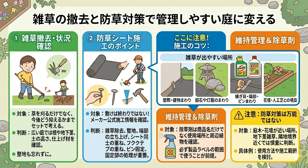庭じまい後に雑草が出やすい壁際や継ぎ目の図解