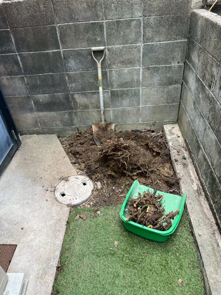 古い人工芝を撤去し、シャベルで雑草や植木の根を掘り起こしている施工中写真