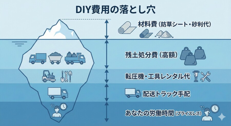 DIY費用の落とし穴を示す氷山モデル図解。見える材料費は一部で、水面下に残土処分費やレンタル代、労働時間などの隠れたコストがあることを表現