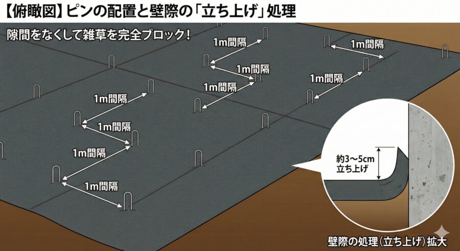防草シート施工図解。固定ピンを50cm間隔で千鳥打ちする配置図と、壁際からの雑草を防ぐためのシート立ち上げ処理の断面図。