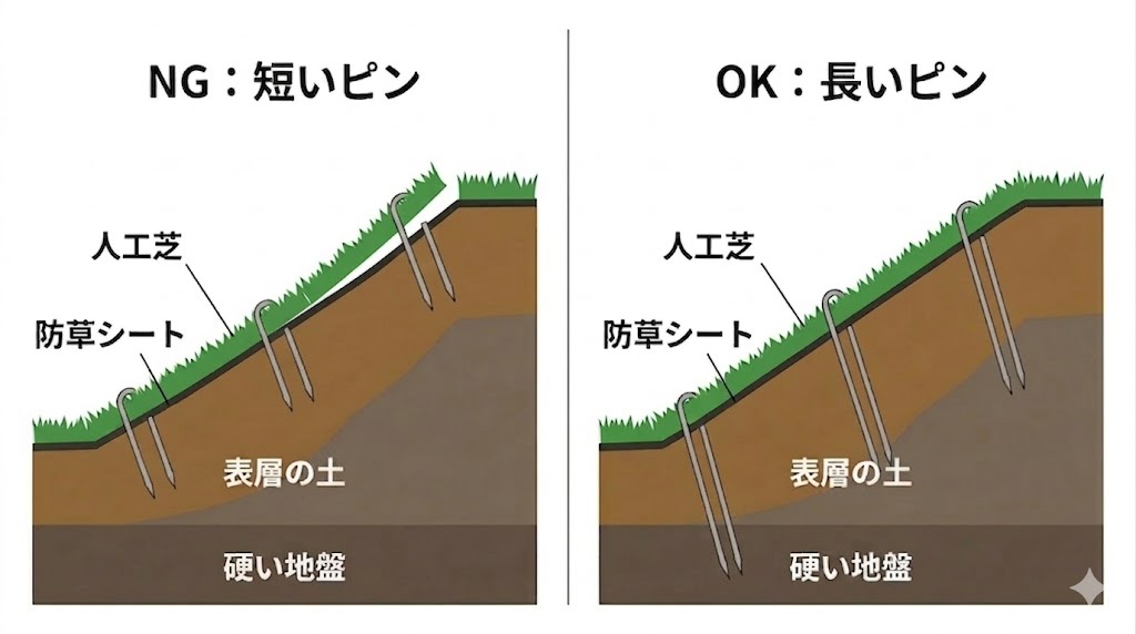 法面での人工芝固定ピンの長さによる違いを比較した断面図。左側のNG例では短いピンが表層の土にしか届かず芝がずれている様子を、右側のOK例では25cm以上の長いピンが深部の硬い地盤まで届きしっかり固定されている様子を示す。