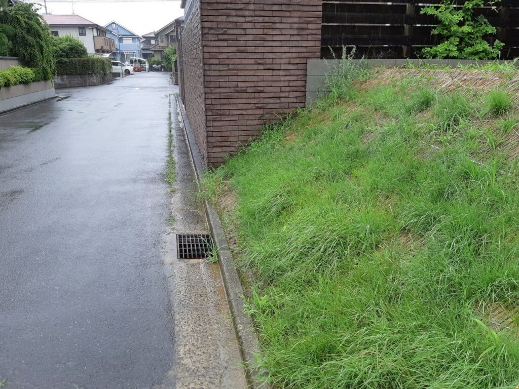 施工前の法面。道路に面した斜面全体が膝の高さまで草に覆われ、上には隣家のレンガ塀が見えている